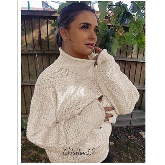 New High Neck Long Sleeve Chunky Knit Pullover Turtleneck Sweater - Picture 2 of 7